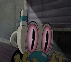 a cartoon character with large eyes and big pink nose, standing in front of a wall