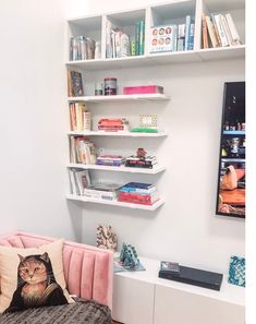 a living room filled with furniture and bookshelves next to a wall mounted book shelf