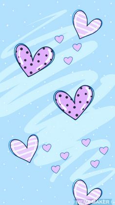 hearts floating in the air on a blue background with pink and white stripes, polka dots and