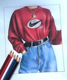 a drawing of a person wearing a nike shirt and jeans with colored pencils next to it