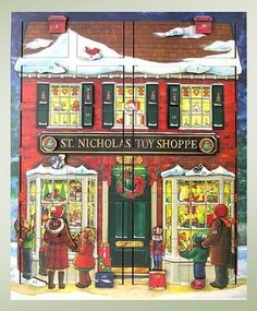 a painting of people standing in front of a store with christmas decorations on the windows