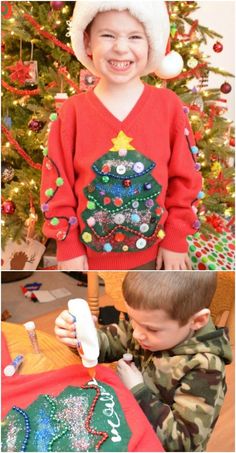 two pictures of a young boy in front of a christmas tree