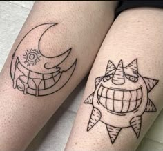 two tattoos on both legs that have faces and stars in the shape of crescents