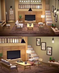 two pictures of the same living room in different stages of being decorated with furniture and decor