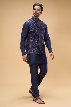 Midnight blue sleeveless bundi crafted in cotton silk with all over gulbahar embroidery. Paired with a solid kurta and pant. - Aza Fashions Stylish Boy Clothes, Stylish Boy, Kurta Cotton, Nehru Jackets, Stylish Boys, Silk Embroidery, Boy Clothes, Kurta Set, Pants Pattern