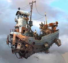 an old boat floating in the air with people on it's side and some wires above