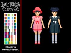 two girls in dresses and hats standing next to each other with color swatches on them