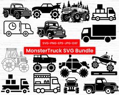 the monster truck svg bundle includes all kinds of vehicles and trucks, including cars