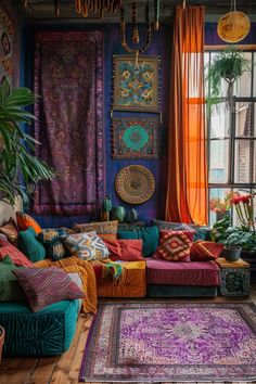 a living room filled with lots of colorful furniture