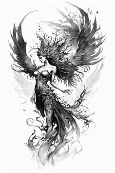 an artistic drawing of a woman with wings on her chest and body, in black and white