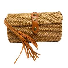 Natural Rectangular Rattan Handbag/Clutch Beach Crossbody Clutch With Adjustable Strap, Travel Clutch With Braided Handles, Rectangular Clutch With Tassels For Daily Use, Travel Clutch Bag With Tassels, Rectangular Clutch With Adjustable Strap For Vacation, Rectangular Straw Bag With Tassels For Everyday Use, Handwoven Brown Clutch For Travel, Natural Woven Clutch For Everyday Use, Bohemian Rectangular Clutch With Fringe