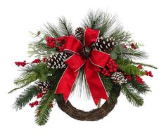 a christmas wreath with pine cones and red ribbon