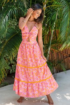 Introducing the Tangerine & Pink Floral Sweetheart Twist Maxi Dress. This maxi dress is a stunning blend of vibrant colors and feminine details. With its sweetheart neckline and twist detail, it exudes romantic charm. Crafted in a cheerful tangerine and pink floral print, it's perfect for summer weddings or garden parties. Product code: CAA05A4B113DN Features:  Woven  Sweetheart neckline  Sleeveless  Front twist  Front cut-out  Maxi  A-shape silhouette Pattern: Floral Wash Method: Regular Wash M Summer Formal Dress, Maxi Dress V Neck, Shape Silhouette, Maxi Shift Dress, Summer Formal Dresses, Long Sundress, Affordable Swimwear, Pink Summer Dress, Feminine Details