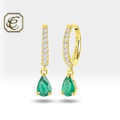 "Drop Emerald Hoop Earrings, Diamond and 0.60 ctw Emerald in 14K Solid Gold Dangle Earrings, Wedding Gift for Her, Fine Jewelry By Chelebi Pear Shape Huggie Earrings set with Natural Emerald and Diamonds. It is 14K Solid Yellow Gold. The earring's carat information is for a pair of earrings. DETAILS ✶ Gold Kt: 14K Solid Gold ✶ Gold Color: Rose, White Gold (Optional) ✶ The inner diameter of the Earrings: 9 mm ✶ The outer diameter of the Earrings: 12 mm ✶ Diamond: Natural Diamond ✶ Diamond Color & Gia Certified Yellow Gold Teardrop Jewelry, Earrings Emerald, Gold Dangle Earrings, Earrings Diamond, Ruby Jewelry, Diamond Hoop Earrings, Huggie Earrings, Emerald Jewelry, Sapphire Jewelry