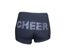 the cheer shorts are black and white with silver letters that spell out cheer on them