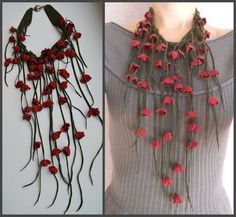 two pictures one with red flowers and the other has long black leather necklaces on it