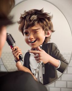 a cartoon boy brushing his teeth with a hair dryer in front of a mirror