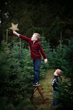 a young boy standing on top of a wooden ladder reaching up to get a star