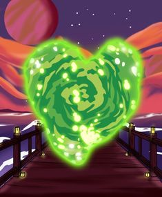 a green heart shaped object on a bridge