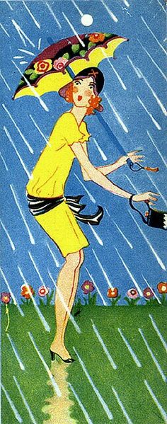 a woman holding an umbrella and watering the grass in the rain while wearing yellow dress