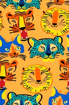 an orange background with blue, yellow and red leopards on it's faces