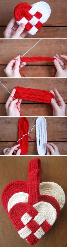 crocheted basket being made with yarn and yarn ball in the shape of a heart