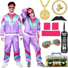 a man and woman dressed in purple outfits with accessories including sunglasses, headbands