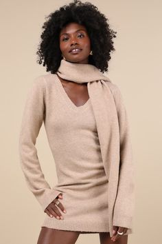 There's no need to curate a whole ensemble, the Lulus Essential Coziness Heather Beige Sweater Dress and Scarf Set offers a one-and-done look in an instant! Stretchy, medium-gauge sweater knit (with a subtle heathered effect throughout) shapes this too-cute set that features a bodycon dress with a flirty V-neckline, long sleeves, and a classic mini hem. The matching scarf has a slightly oversized silhouette that pairs perfectly with this dress, or any of your other favorite fall 'fits! Contrasti Beige Sweater Dress, Dress And Scarf, Fall Fits, Cute Sets, Scarf Set, Oversized Silhouette, Beige Sweater, Classic Mini, Sweater Knit