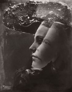 an old black and white photo with a woman's face in the middle of it