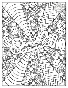 an adult coloring book with the word smile on it