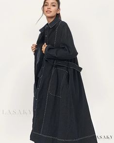 Lasaky - Hepburn Casual Oversized Denim Coat Jacket Long Denim Coat, Audrey Hepburn Style, Hepburn Style, Black F, Denim Coat Jacket, Color Fabric, Denim Coat, Polo Collar, Comfortable Outfits