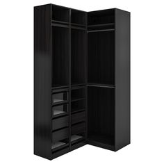 an open closet with shelves and drawers on the bottom shelf, in dark wood finish