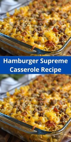 two pictures of hamburger supreme casserole with cheese and ground beef in the bottom