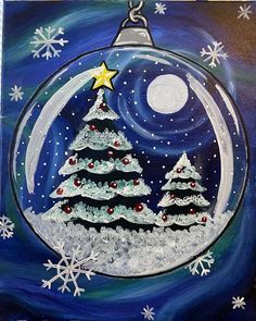 an acrylic painting of a christmas tree in a glass ornament with snowflakes