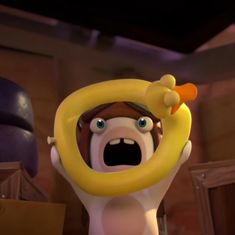 a cartoon character holding a banana in his hand and yelling into the camera with its mouth wide open