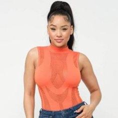 Julie All Over Fishnet Bodysuit-Orange - La Belle Gina Boutique Fitted Sleeveless Orange Bodysuit, Orange Sleeveless Bodysuit For Summer, Sleeveless Orange Bodysuit For Summer, High Stretch Mesh Back Bodysuit For Summer, High Stretch Bodysuit With Mesh Back For Summer, Sleeveless Sports Bodysuit For Summer, Spring Sleeveless Nylon Bodysuit, Orange Stretch Tank Top For Spring, Spring Stretch Orange Tank Top