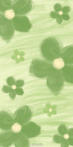 an abstract painting of green flowers on a light green background with white dots in the center