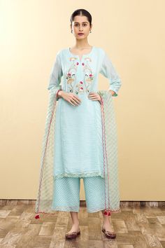 Shop for Desert Shine by Sulochana Jangir Blue Handloom Chanderi Kurta Set for Women Online at Aza Fashions Spring Blue Chanderi Palazzo Set, Spring Chanderi Salwar Kameez With Embroidered Border, Designer Palazzo Set With Embroidered Border For Spring, Spring Designer Wear Palazzo Set With Embroidered Border, Spring Designer Palazzo Set With Embroidered Border, Blue Sets With Embroidered Border For Spring, Bohemian Blue Set With Floral Embroidery, Bohemian Blue Sets With Floral Embroidery, Spring Embroidered Cotton Silk Salwar Kameez