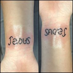 two wrist tattoos with the words jesus and peace on them