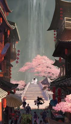 an animated image of people walking down a street with umbrellas in front of cherry blossom trees