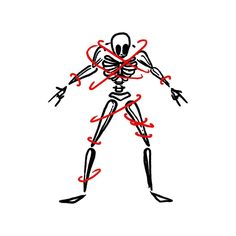 a drawing of a skeleton with red lines on it's body and arms,