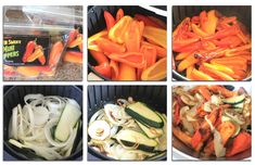 four pictures show different types of vegetables in the process of being cooked and cut up