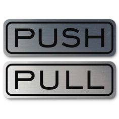 two black and silver push buttons with the word pull written on them, both in different languages