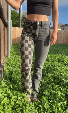 Size 22 Faded Black Checkered Pacsun Jeans. The leg colors are two-tone and the checkered pattern was handmade with bleach. There is a distressed rip in the knee and back pocket. The bottom hem is cut off. Checkered Pattern Outfit, 2 Tone Jeans Outfit, Two Tone Jeans Outfits, Checkered Clothing, Checkerboard Outfit, Checkered Pants Outfit, Checkered Jeans, Senior Jeans, Painting Clothes