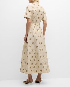 Adam Lippes Leighton Floral Short-Sleeve Belted Maxi Western Shirtdress | Neiman Marcus Luxury Sportswear, Adam Lippes, Pre Fall Collection, Floral Short, Shirtdress, Side Split, Carolina Herrera, Classic Elegance, Pleated Skirt