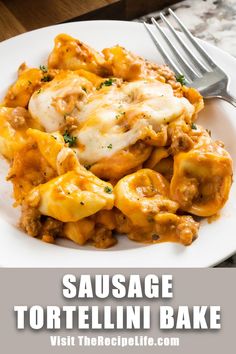 Sausage Tortellini topped with melted cheese plated and ready to eat! Ground Sausage Recipes, Tortellini Alfredo, Sausage Recipes For Dinner, Sausage Tortellini, Ziti Recipes, Sausage Dishes