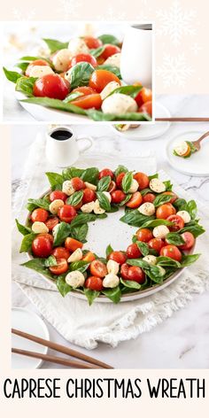 a christmas wreath made out of tomatoes and spinach on a plate with the words caprese christmas wreath