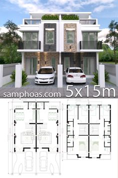 two story house plan with three cars parked in front