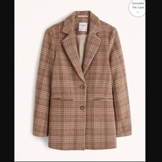 Abercrombie Brown Plaid Blazer Coat Wool Blend Fall Season Beige Sport Coat For Work, Beige Sport Coat For Fall Workwear, Brown Plaid Blazer, Cinch Jacket, Brown Puffer Jacket, Tweed Shirt, Abercrombie (women), Beige Blazer, Vegan Leather Jacket