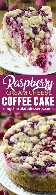 raspberry cream cheese coffee cake on a white plate